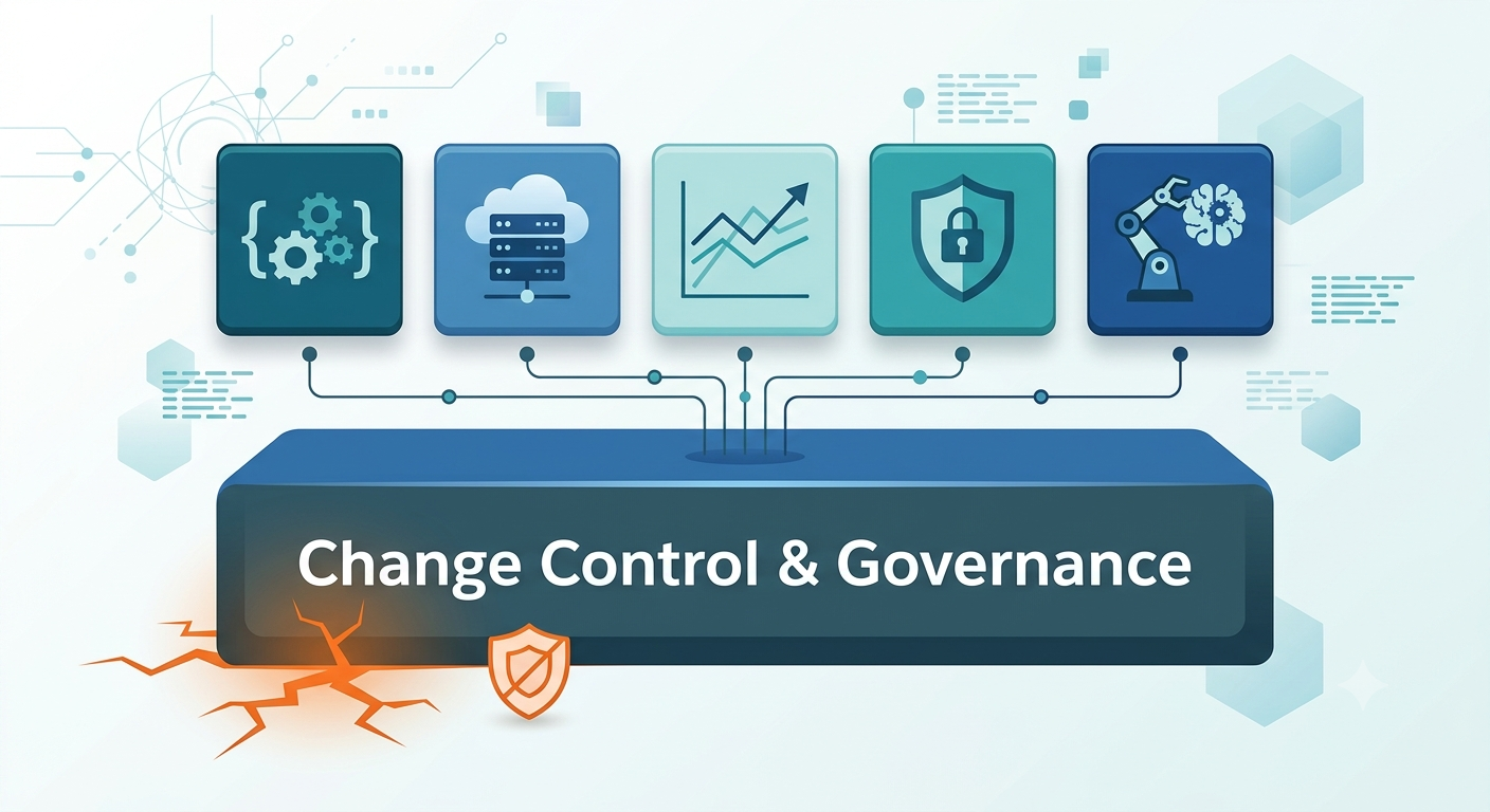 Diagram showing configuration, cloud, analytics, security, and AI systems all depending on a change control and governance foundation that cracks without oversight