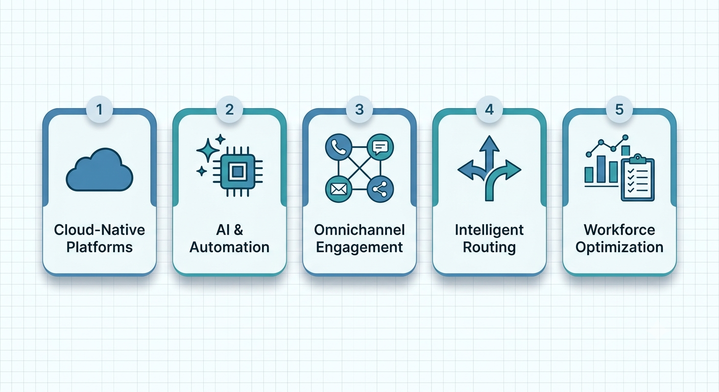 The five pillars of contact center modernization: cloud-native platforms, AI and automation, omnichannel engagement, intelligent routing, and workforce optimization