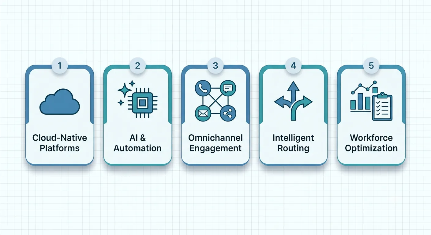 The five pillars of contact center modernization: cloud-native platforms, AI and automation, omnichannel engagement, intelligent routing, and workforce optimization