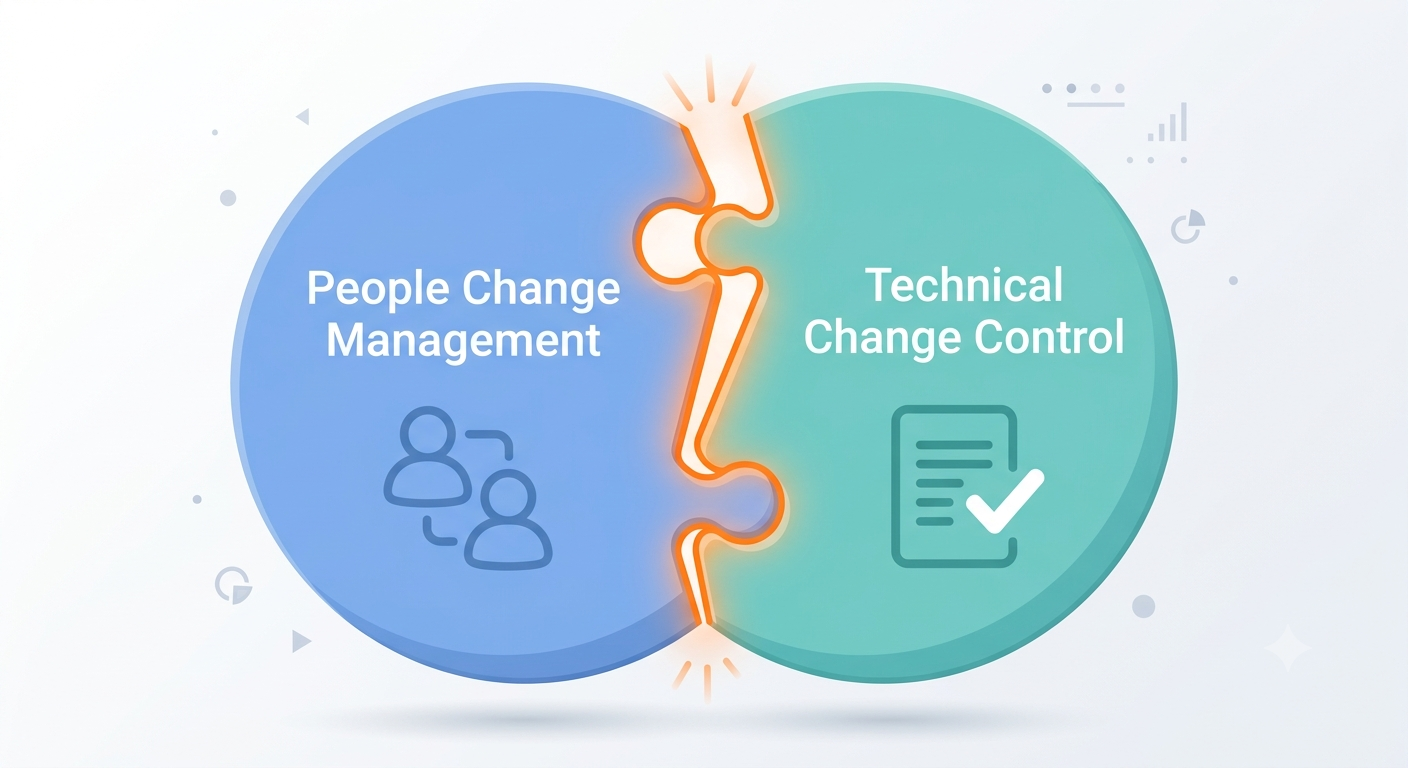 Illustration of two puzzle pieces labeled People Change Management and Technical Change Control, not yet fitted together, with a glowing break at the seam