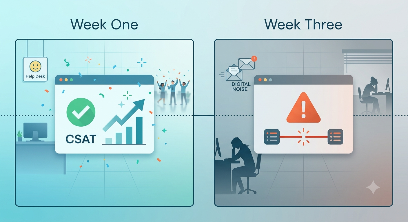 Comparison of a CX rollout's Week One, celebrating rising CSAT, against Week Three, showing a warning alert and misrouted calls amid digital noise