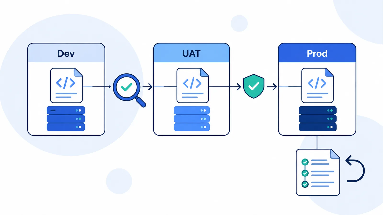 Configuration moves through Dev, UAT, and Prod with validation, approval, audit history, and a recovery path