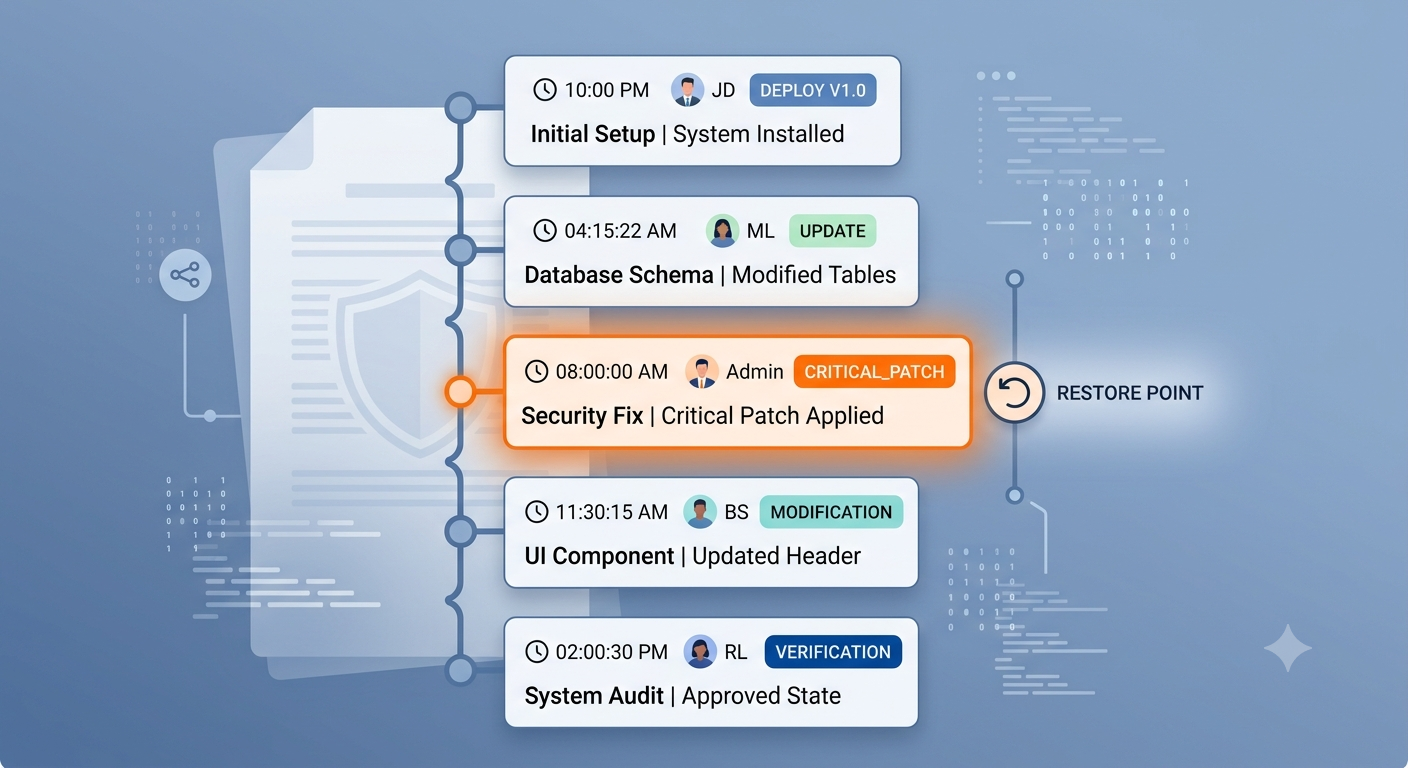 Audit trail timeline showing a sequence of configuration changes with timestamps, authors, and change types, including a marked restore point for rollback