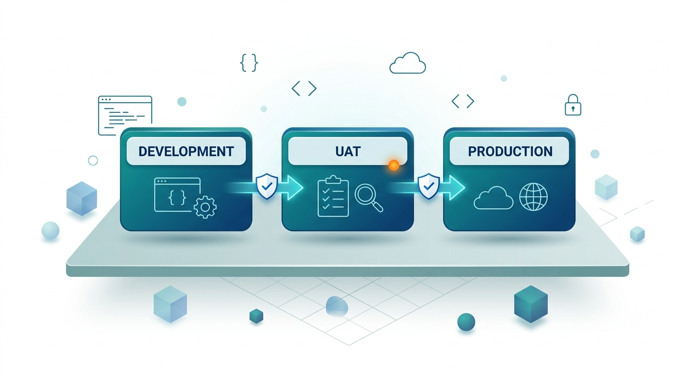 Diagram of a Genesys Cloud configuration change moving through Development, UAT, and Production environments, each gated by a validation checkpoint