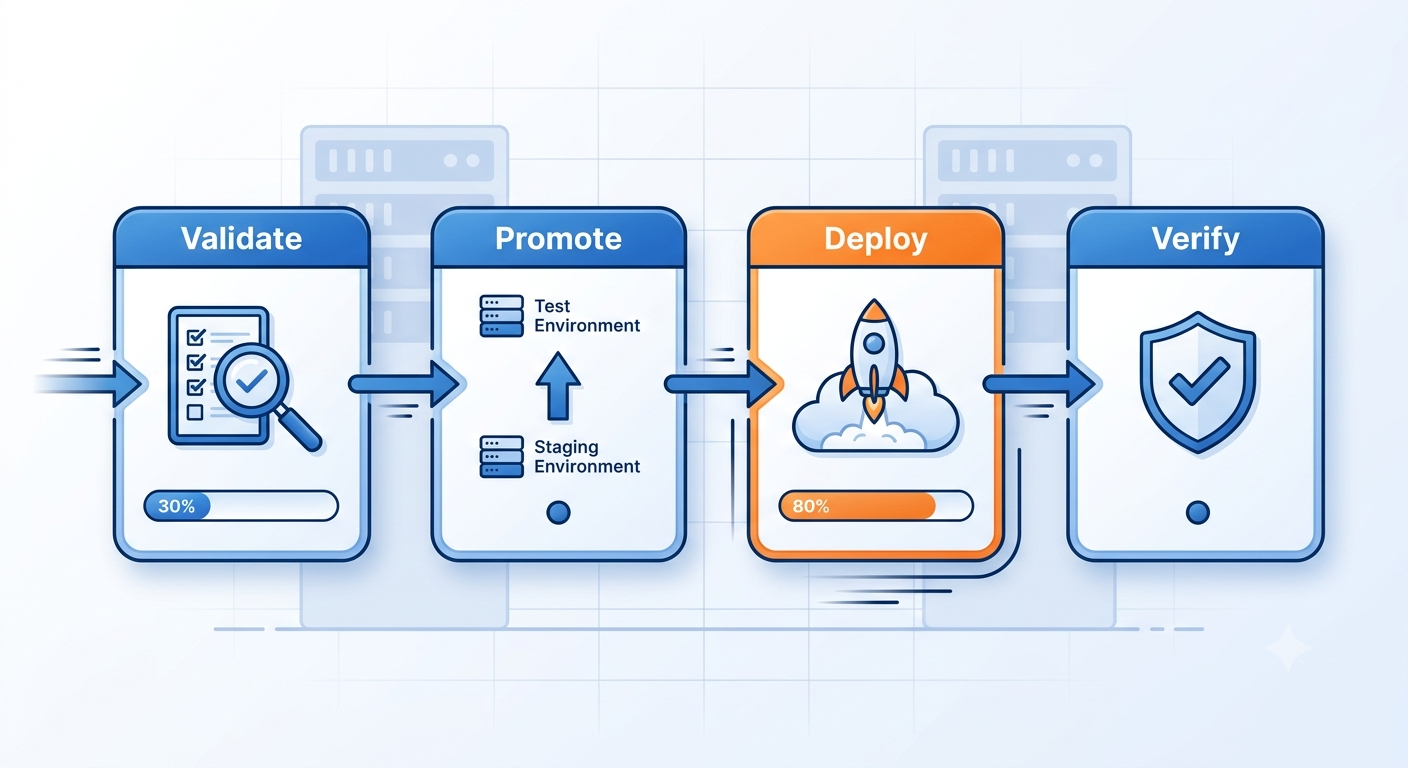 Four-stage Genesys Cloud CI/CD pipeline diagram showing Validate, Promote, Deploy, and Verify stages with progress indicators