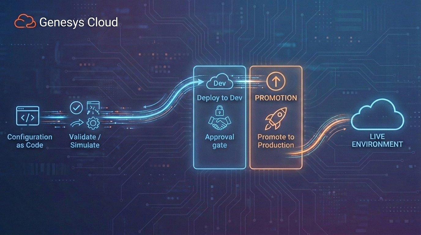 Genesys Cloud CI/CD governance pipeline showing configuration as code, validation, approval gate, promotion, and live environment deployment.