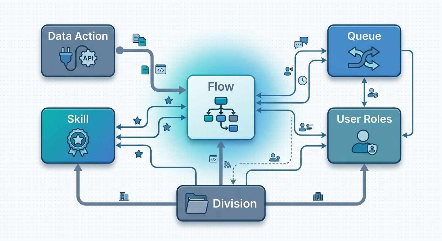 Dependency map showing how a Genesys Cloud Flow connects to Data Action, Skill, Queue, User Roles, and Division objects