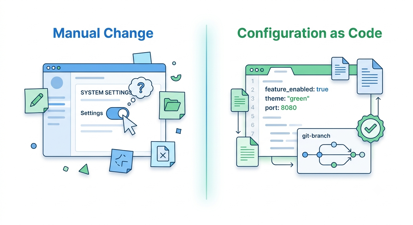 Side-by-side comparison of a manual change made through the Genesys Cloud system settings UI versus a configuration-as-code change reviewed and merged through a Git branch