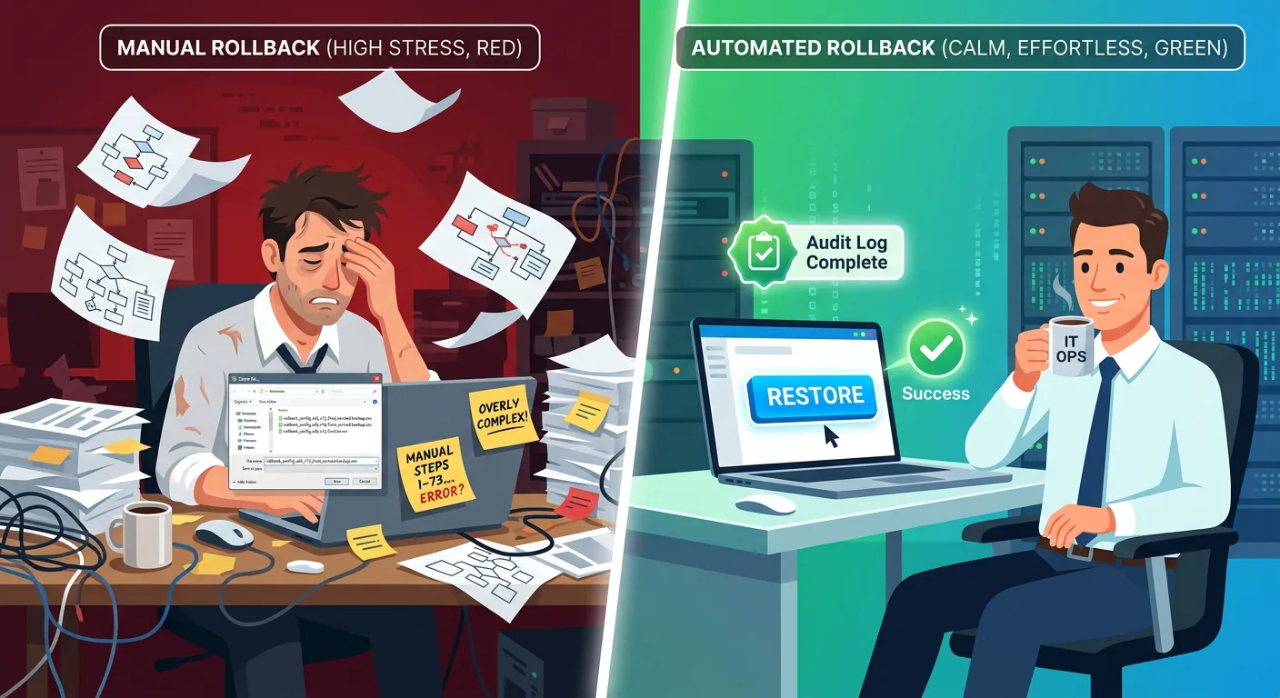 Manual rollback compared with automated rollback supported by a complete Genesys Cloud audit log.