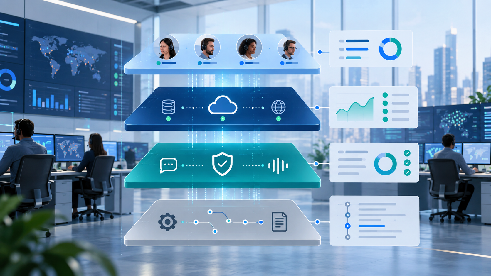 Layered Genesys Cloud monitoring model showing agent monitoring, platform health, quality monitoring, and configuration monitoring as distinct operational layers.