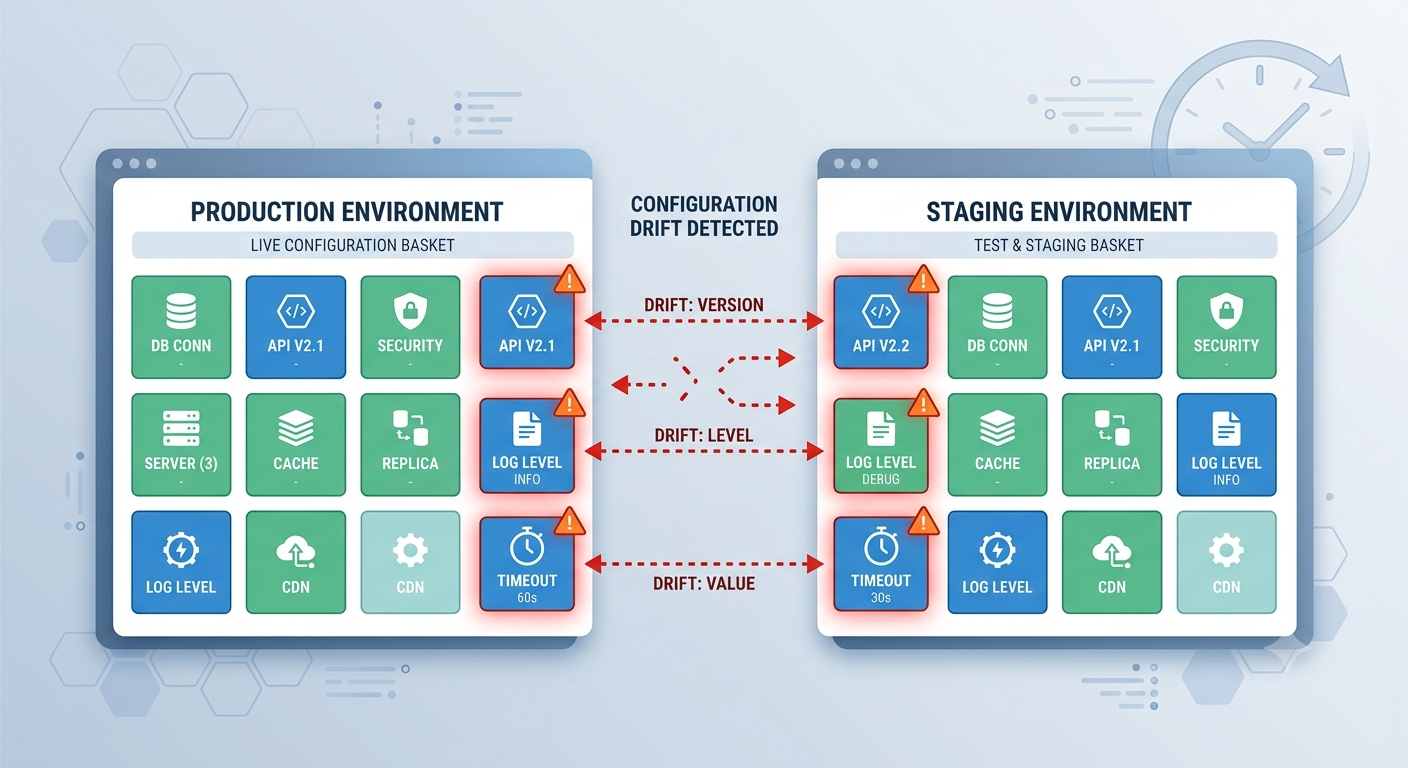 Diagram comparing a production environment's live configuration basket to a staging environment's basket, highlighting configuration drift in API version, log level, and timeout values