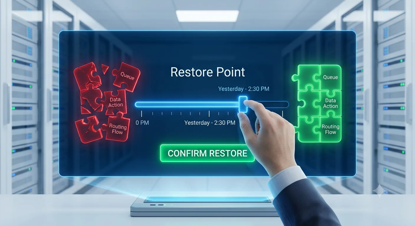 Genesys Cloud restore point timeline showing configuration audit history and recovery options.