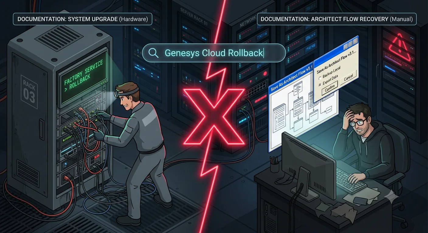 Genesys Cloud rollback split between hardware-level rollback and manual Architect flow recovery.