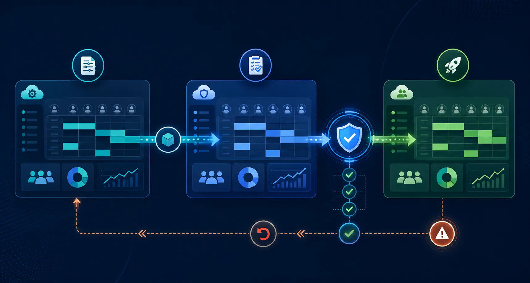 WFM configuration change moving through development, UAT, production validation, and rollback controls.