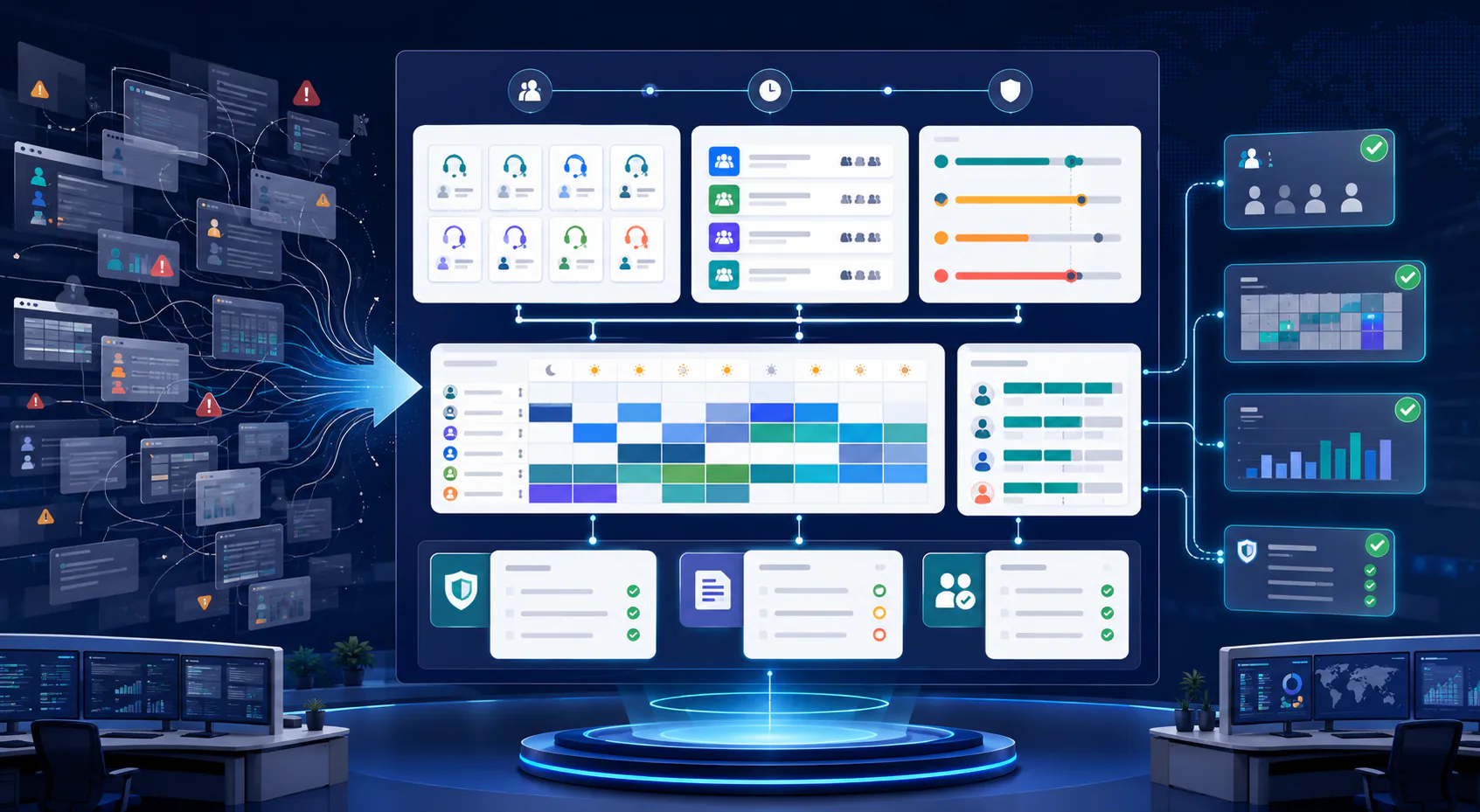 Genesys Cloud workforce management configuration dashboard organizing planning groups, schedules, adherence thresholds, and governance checks.
