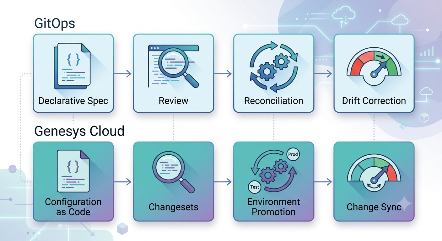 Diagram mapping the four GitOps phases to their Genesys Cloud equivalents: configuration as code, changesets, environment promotion, and Change Sync
