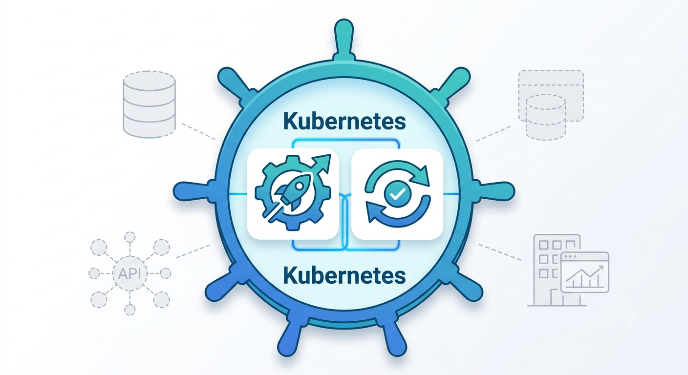 Kubernetes positioned as the control hub connecting Argo CD and Flux reconciliation to APIs, data stores, and organizational systems