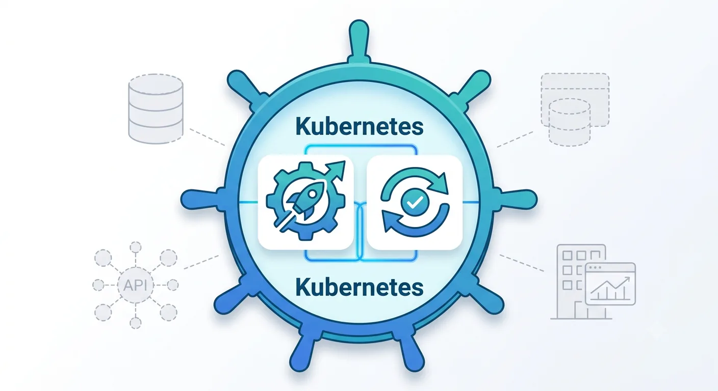 Kubernetes positioned as the control hub connecting Argo CD and Flux reconciliation to APIs, data stores, and organizational systems