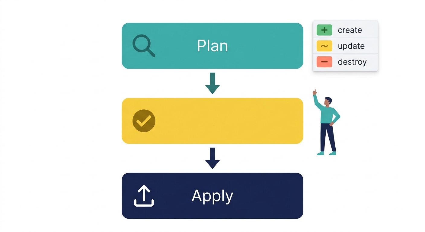 Terraform plan and apply workflow diagram showing create, update, and destroy actions before changes reach Genesys Cloud
